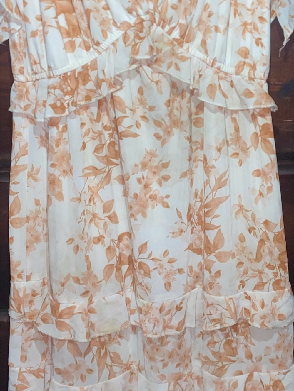 White Ruffle Maxi Dress in Warm Tan  Floral